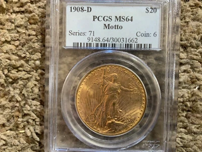 1908 D $20 Saint Gaudens Gold Double Eagle PCGS MS 64 Motto Great strike! RARE - Image 1 of 4