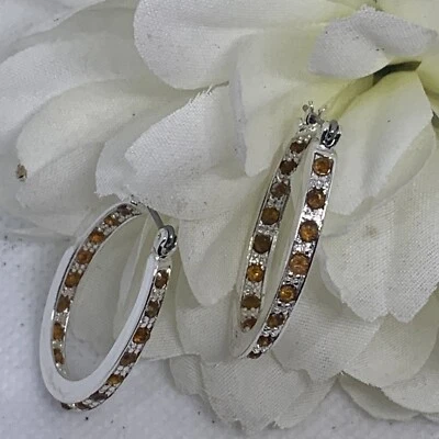 November Birthstone Hoop Earrings Silver Tone Sparkle Citrine Yellow New - Image 1 of 4