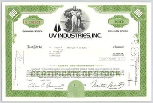 1977 UV Industries Inc 100 Shares Common Stock Certificate Green - Picture 1 of 2