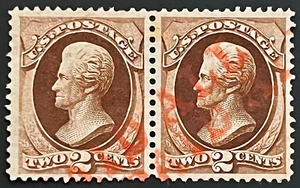#157 Used, 1873 2¢ Jackson w/Orange Red Straight Line "Paid All' Double Strike - Picture 1 of 2