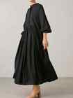 Spring And Summer Womens O Neck Loose Pleated Long Skirt For Womens Clothing