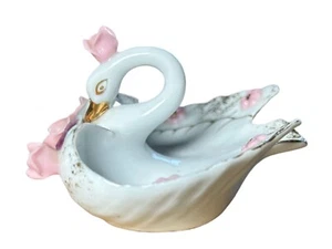Plato de baratija miniatura vintage Lefton China pintado a mano rosa cisne detalles dorados - Imagen 1 de 7