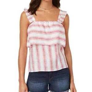 Almost Famous Crave Fame Juniors Striped Ruffle Trim Tank Top Red White Womens S - Picture 1 of 6