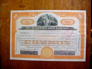 THE SCRANTON LACE COMPANY Canceled Stock Certificate 1953 Great Artwork & Stamps - Picture 1 of 5