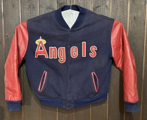 VTG RED & BLUE CA ANGELS MACMURRAY LEATHER & WOOL VARSITY BOMBER JACKET MENS XL - Picture 1 of 20
