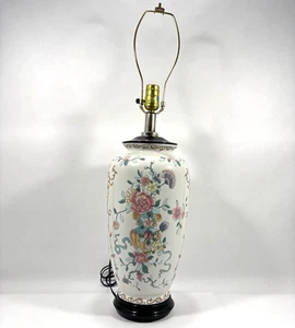 VTG Chinoiserie Porcelain Raised Soft Colorful Floral Table Lamp Wooden Base - Picture 1 of 8