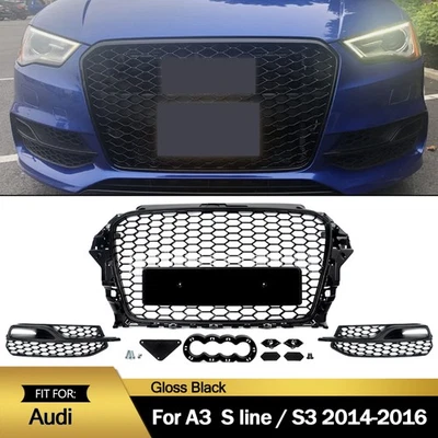 Front Bumper Grille & Fog Light Cover Grill Trim For Audi A3 S3 S-Line 2013-2016 - Imagem 1 de 4