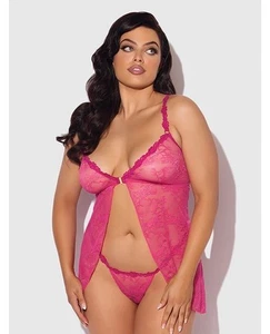 Conjunto de lencería Babydoll de encaje talla grande Yvone rosa 3X/4X clip frontal - Imagen 1 de 5