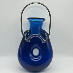 CHET COLE ABSTRACT ART VERMONT COBALT BLUE HAND BLOWN GLASS WALL POCKET VASE - Picture 1 of 9