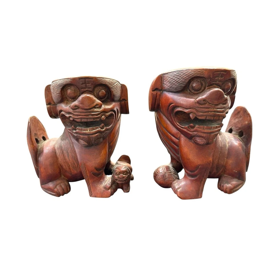 "Par de perros FOO chinos de hierro macho con bola y hembra con cachorro antiguo de 6"" de alto" Foto 1 de 4