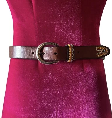 "Cinturón de mujer vintage de cuero marrón fósil con cuentas 28""-33"" grande Y2K" Foto 1 de 4