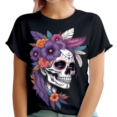 Colorful Day Of The Dead Sugar Skull T-Shirt Floral Celebration Of Life#DOTD - Image 1 of 4