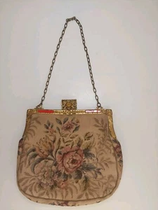 Antique Floral Tapestry Handbag Detailed Gold Tone Frame With Gemstone Clasp - Picture 1 of 16