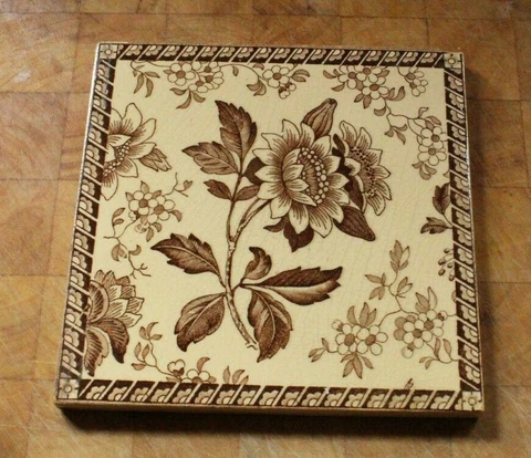 antique ENGLISH brown and white FLOWERSN vintage tile Cover