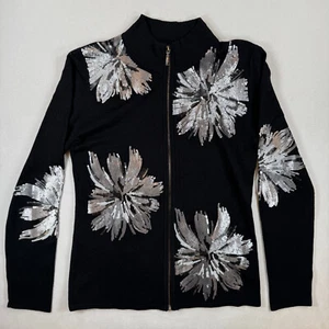 NWT Belldini Women's Black Sequins Flower Full Zip Cardigan Jacket , Size L - Picture 1 of 20