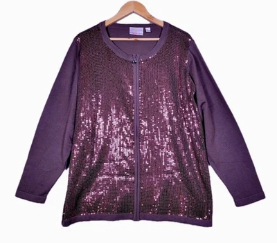 Suéter cárdigan cremallera completa lentejuelas marrón chocolate 1X QUACKER FACTORY Top para mujer Foto 1 de 4