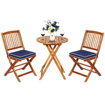 3PCS Patio Folding Wooden Bistro Set Cushioned Chair Conversation Garden Navy - Image 1 of 4
