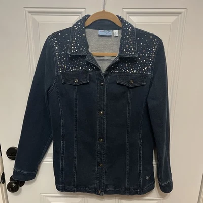 Quacker Factory Dream Jeanne's Rhinestone Knit Denim Jacket Size S - Image 1 of 4