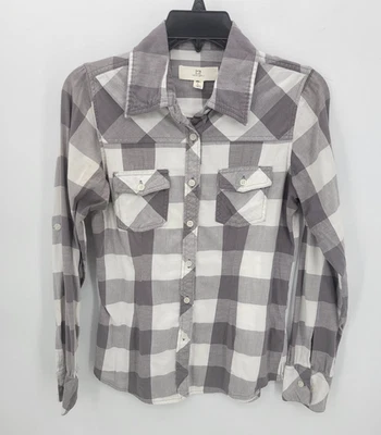 Top boho Thread and Supply para mujer pequeño gris blanco a cuadros búfalo franela suave Foto 1 de 4