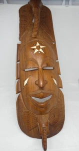 VTG HAND CARVED WOOD W/INLAYS GIANT AFRICAN TRIBAL ART FACE MASK W/ELEPHANTS 31" - Picture 1 of 10