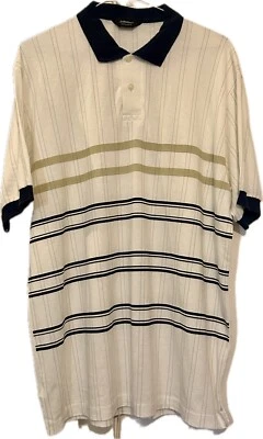 VINTAGE ST MICHAEL WHITE STRIPED POLO SHIRT LARGE RETRO M&S 80S ROCKABILLY MOD - Image 1 of 4