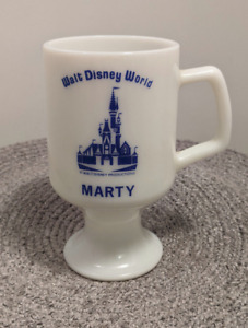 Vintage 1980's Milk Glass Disney Castle Blue Stamp Pedestal Cup