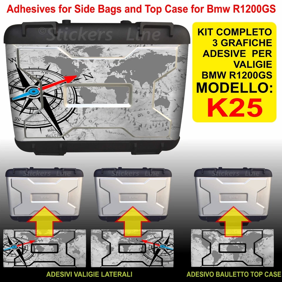 STICKERS LINE 3 adesivi valigie BMW R1200GS bussola planisfero K25 (globo grigio) fino al 2012