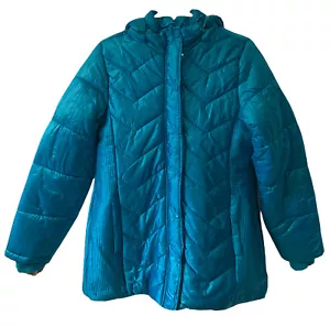 Justice Girls Winter Puffer Jacket Blue Hood Zip Snap Front Pockets Size 8/10 - Picture 1 of 11