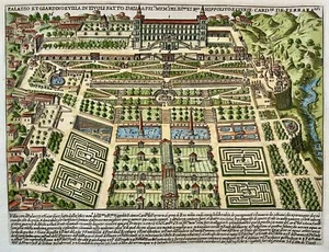 1624 Laurus (Lauro), Palace Gardens, Tivoli, Rome, hand coloured engraving - Picture 1 of 2
