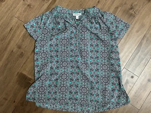 EUC Dana Buchman Black/Green/White Pattern Short Sleeve Blouse Size L Large - Picture 1 of 2