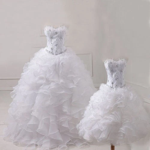 White Two Piece Wedding Dress Detachable Skirt Ruffles Organza Ball Bridal Gown - Image 1 of 4