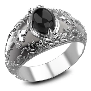 Onyx Cross of Lorraine Men Ring Knights Templar Crusader Ring 925 SterlingSilver - Picture 1 of 7