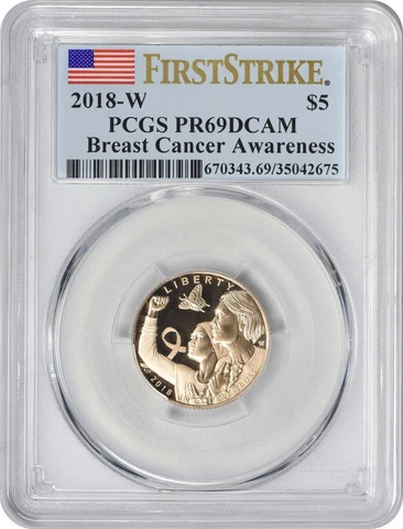 2018-W Breast Cancer Awareness $5 Gold Commem PR69DCAM PCGS First Strike Flag Cover
