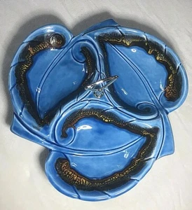 Maurice of Calif USA #87 Divided Pottery Dish Leaf Blue Brown Mid Century VTG! - Picture 1 of 4