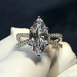 3CT Marquise Cut Moissanite Unique Wedding Engagement Ring 14k White Gold Finish - Picture 1 of 7