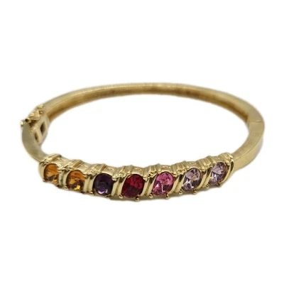 Hinged Bangle Bracelet ART DECO Statement Multicolored Crystal Accent Gold tone - Image 1 of 4