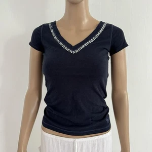 Abercrombie Navy Blue Cotton Short Sleeve With Sequins Girl’s Medium Y2K - Picture 1 of 3
