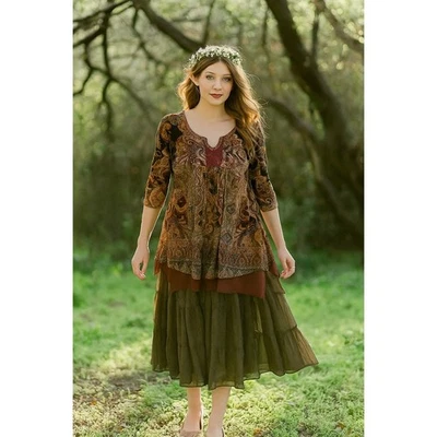 Whimsigoth Boho Renaissance Fairy Velvet 1X Tunic Top 3/4 Sleeve Chiffon Hem - Image 1 of 4