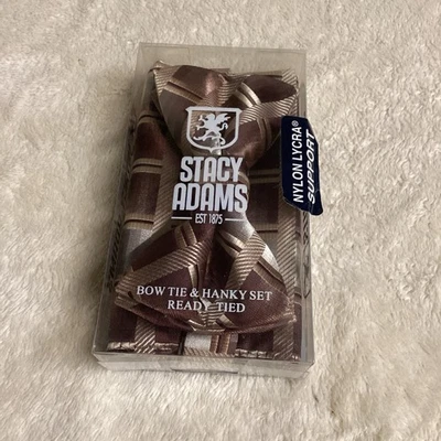 Mens Stacy Adams BrownAnd Silver Microfiber Bow Tie And Hanky Set NEW Ready Tied - Image 1 of 4