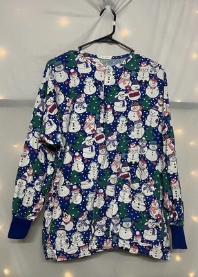 Tafford Blue Snowman Long Sleeve Scrub Top 100% Cotton Size Medium - Image 1 of 4