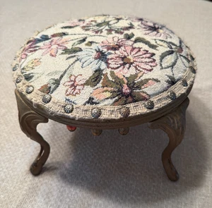 Vtg Petite Victorian Needlepoint Floral Foot Stool / Rest Gold  Metal Legs/Studs - Picture 1 of 14