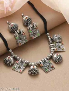 Indian Ethnic Bollywood Afghani Silver Oxidized Choker Necklace Jewelry Set - Picture 1 of 3