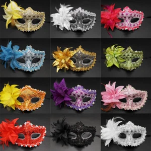 For Masquerade Events - Lace Mask with Feathers, Party Eye Mask, Fancy Dress - Picture 1 of 20