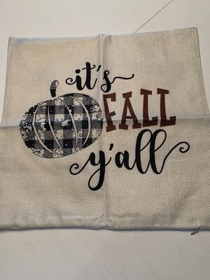 New 16" x 16" Fall Pillow Cover It's Fall Y'all Pumpkin Buffalo Plaid Ivory Zip - Image 1 of 4