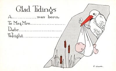 Tarjeta postal de colección anuncio de nacimiento de entrega de cigüeña bebé carryed by cigüeña Foto 1 de 2