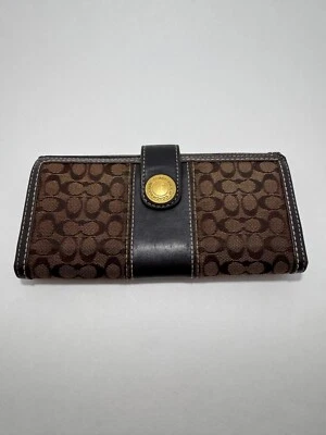 Coach Single Fold Brown Canvas & Brown Leather Trim SIgnature Wallet & Checkbook - Image 1 of 4