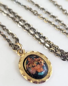 Vintage Rainbow Flake Turquoise Gold Tone Oval Pendant Necklace Cable Chain 18" - Picture 1 of 7