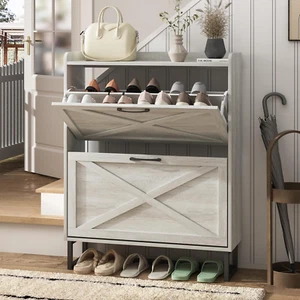 Shoe Storage Cabinet Flip Drawers Narrow Freestanding Organizer Entryway Beige - Picture 1 of 11