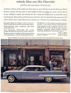 1960 small Print Ad of Chevy Impala Sport Sedan nobody likes you like Chevrolet - Picture 1 of 2