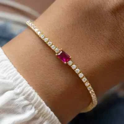 Pulsera de tenis para mujer 8 quilates esmeralda simulada rosa rubí chapada en oro amarillo de 14 k Foto 1 de 4